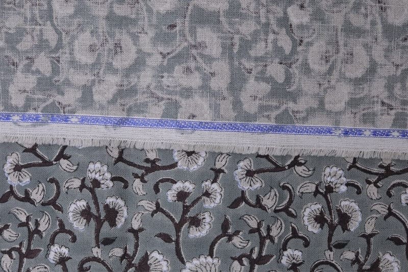Handmade Block Print Gray & Black Pure Linen Fabric - Himachal