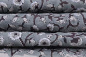 Handmade Block Print Gray & Black Pure Linen Fabric - Himachal