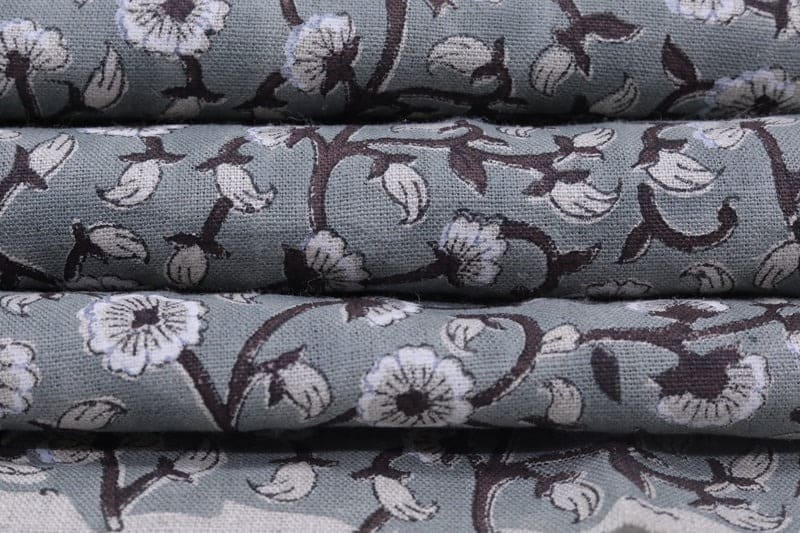 Handmade Block Print Gray & Black Pure Linen Fabric - Himachal