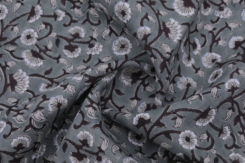 Handmade Block Print Gray & Black Pure Linen Fabric - Himachal