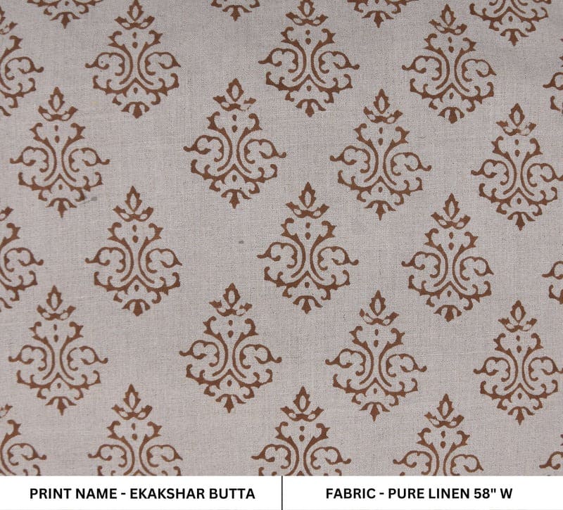 Premium Hand Block Print Brown Pure Linen Fabric - Ekakshar Butta