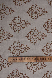 Premium Hand Block Print Brown Pure Linen Fabric - Ekakshar Butta