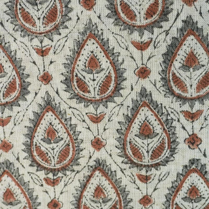 Handmade Block Print Gray & Bronze Linen Fabric - Pan Patti