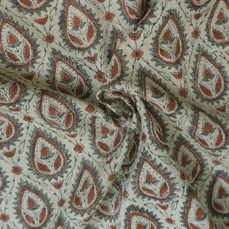 Handmade Block Print Gray & Bronze Linen Fabric - Pan Patti