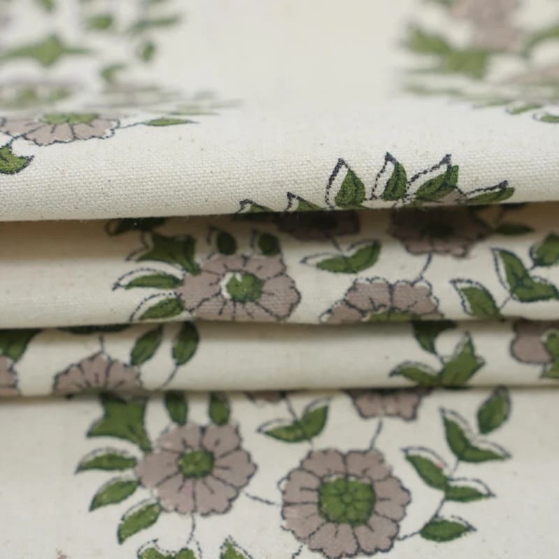 Handmade Block Print Green Floral Duck Canvas Fabric - Anarkali