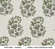 Handmade Block Print Green Floral Duck Canvas Fabric - Anarkali