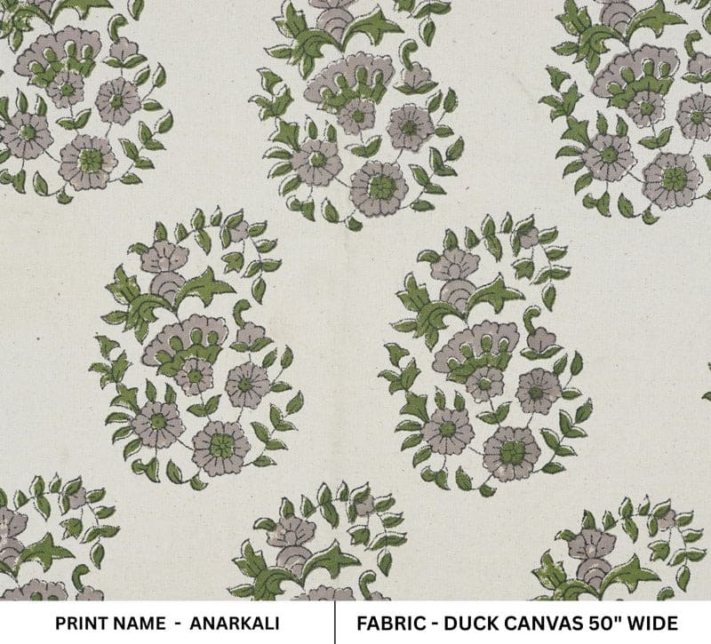 Handmade Block Print Green Floral Duck Canvas Fabric - Anarkali