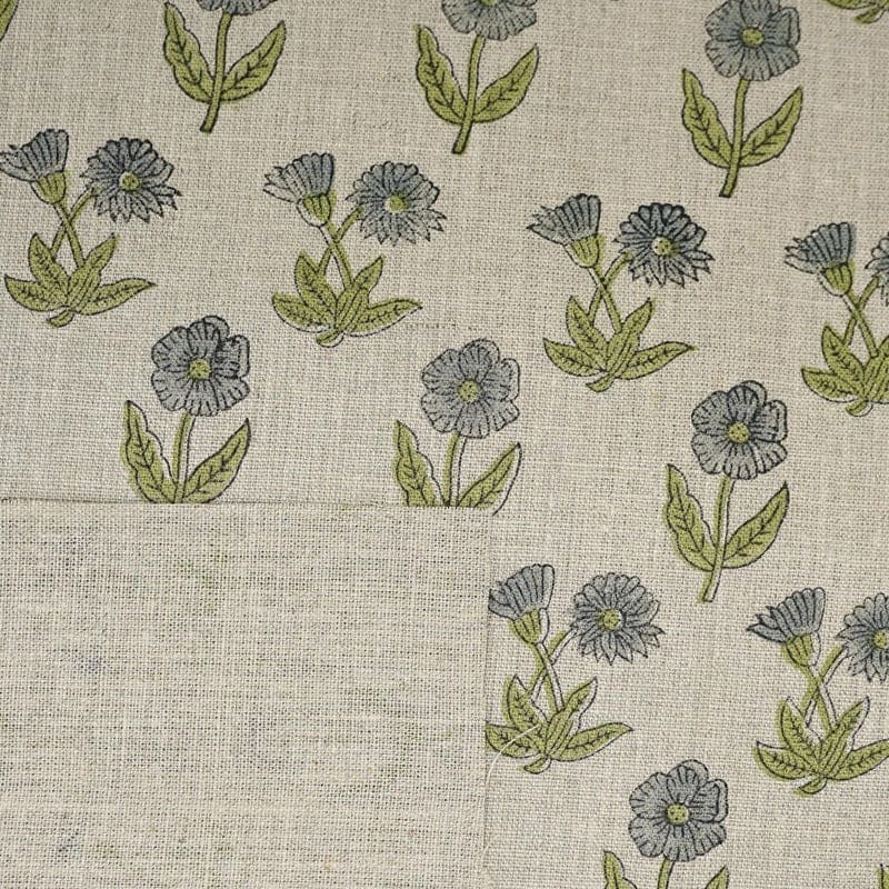 Floral Block Print Thick Linen Green Grey Fabric - Kirti