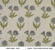 Floral Block Print Thick Linen Green Grey Fabric - Kirti