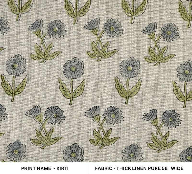 Floral Block Print Thick Linen Green Grey Fabric - Kirti