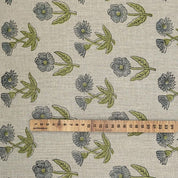 Floral Block Print Thick Linen Green Grey Fabric - Kirti