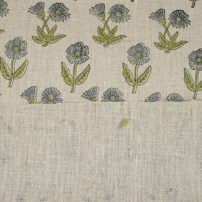 Floral Block Print Thick Linen Green Grey Fabric - Kirti