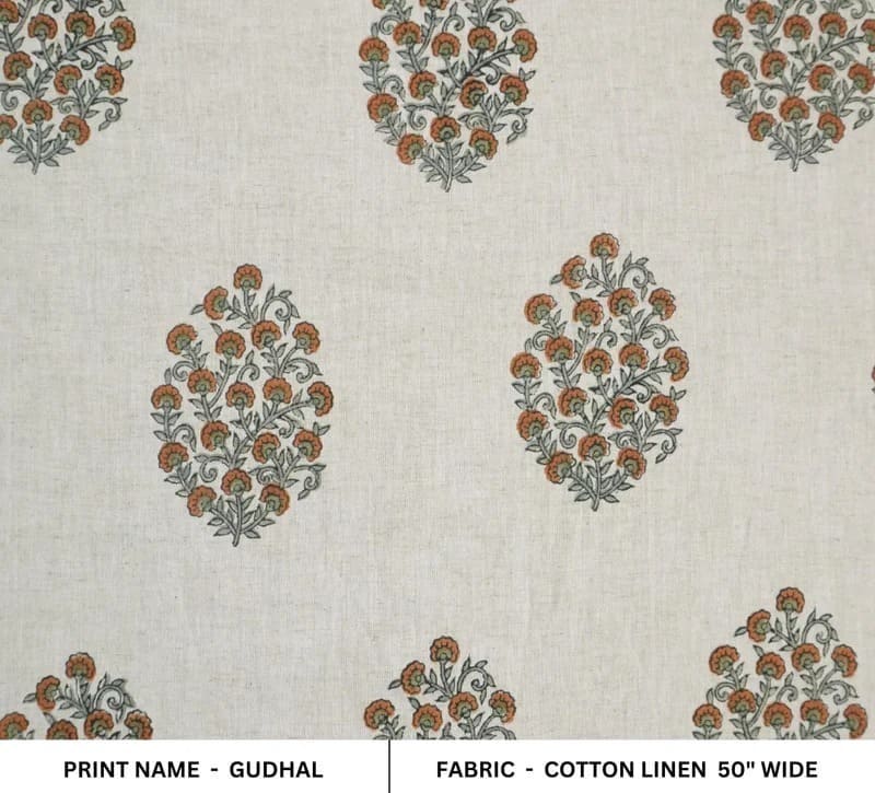 Handmade Block Print Beige Floral Cotton Linen Fabric - Gudhal