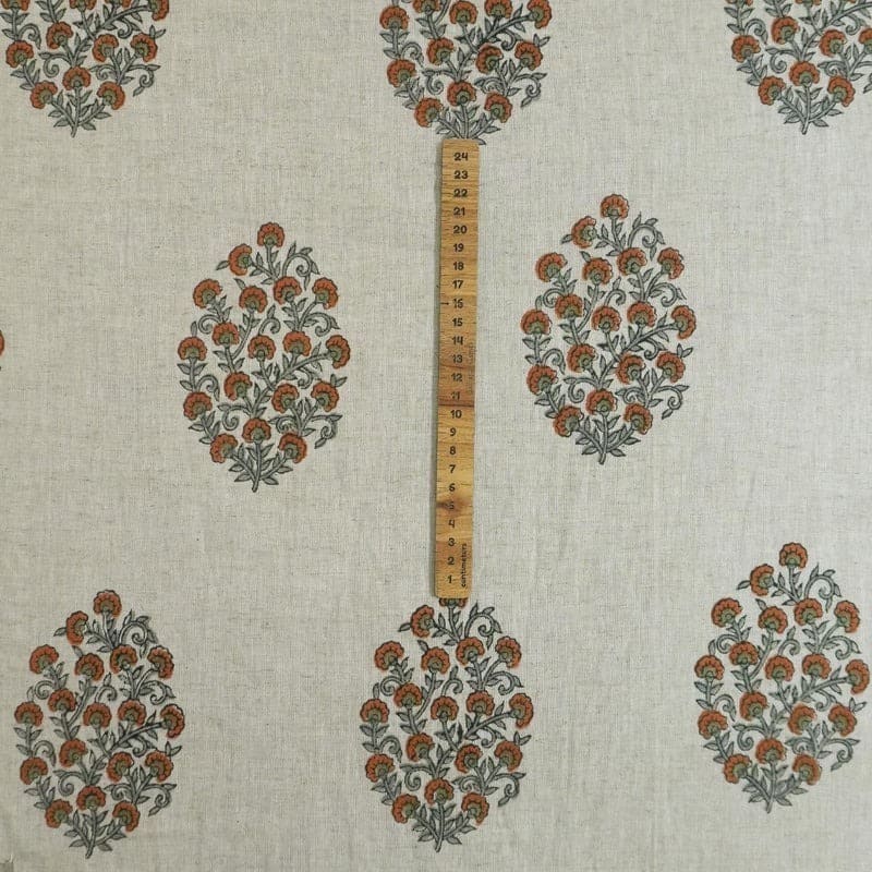 Handmade Block Print Beige Floral Cotton Linen Fabric - Gudhal