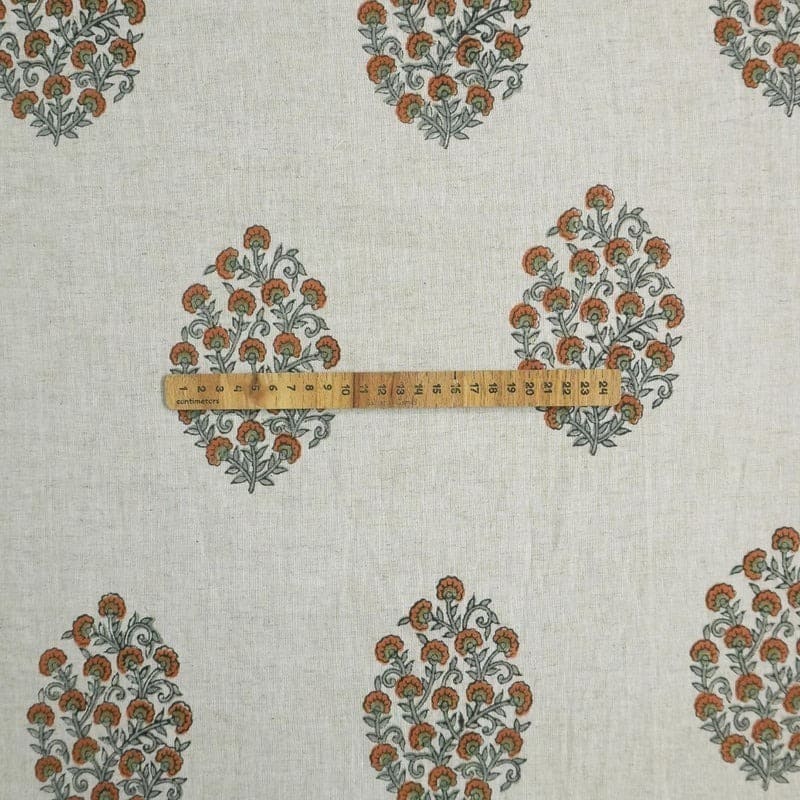 Handmade Block Print Beige Floral Cotton Linen Fabric - Gudhal