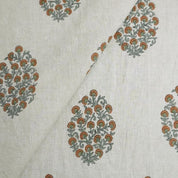 Handmade Block Print Beige Floral Cotton Linen Fabric - Gudhal