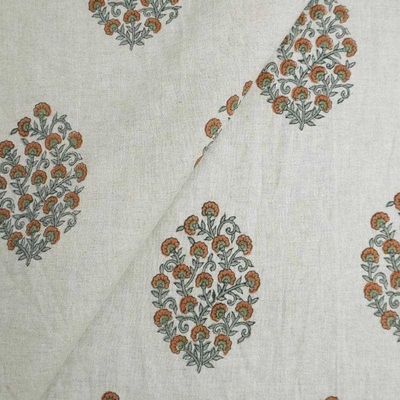 Handmade Block Print Beige Floral Cotton Linen Fabric - Gudhal