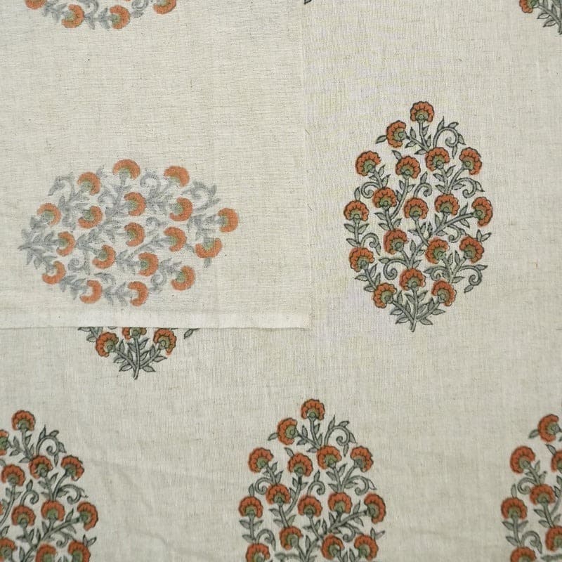 Handmade Block Print Beige Floral Cotton Linen Fabric - Gudhal