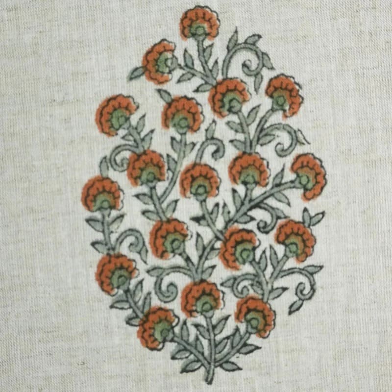 Handmade Block Print Beige Floral Cotton Linen Fabric - Gudhal