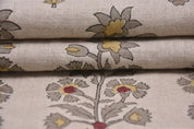 Handcrafted Block Print Beige Floral Pure Linen Fabric - Sadabahar