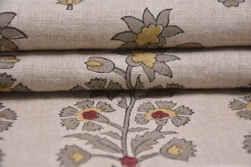 Handcrafted Block Print Beige Floral Pure Linen Fabric - Sadabahar
