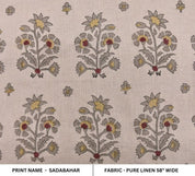 Handcrafted Block Print Beige Floral Pure Linen Fabric - Sadabahar