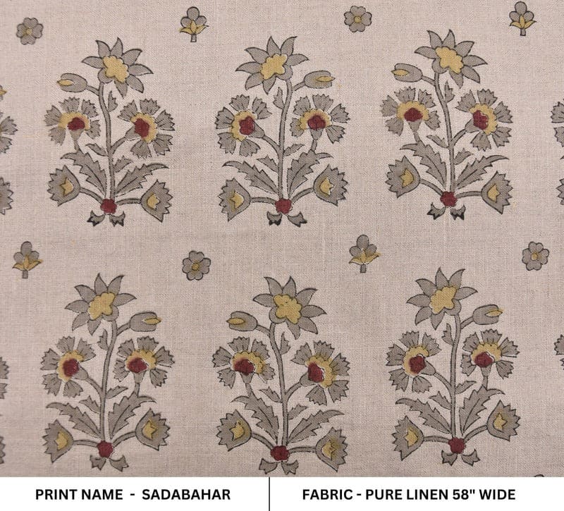 Handcrafted Block Print Beige Floral Pure Linen Fabric - Sadabahar