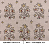 Handcrafted Block Print Beige Floral Pure Linen Fabric - Sadabahar