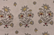 Handcrafted Block Print Beige Floral Pure Linen Fabric - Sadabahar