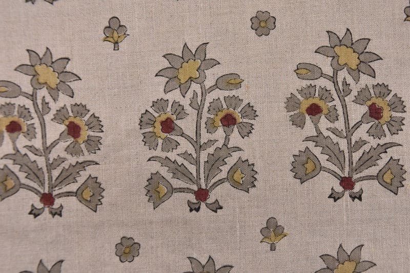 Handcrafted Block Print Beige Floral Pure Linen Fabric - Sadabahar