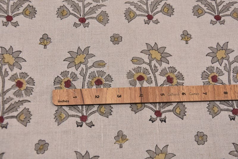 Handcrafted Block Print Beige Floral Pure Linen Fabric - Sadabahar