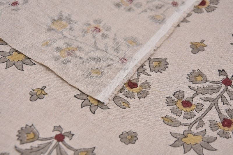 Handcrafted Block Print Beige Floral Pure Linen Fabric - Sadabahar