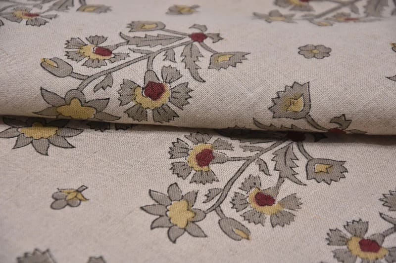 Handcrafted Block Print Beige Floral Pure Linen Fabric - Sadabahar