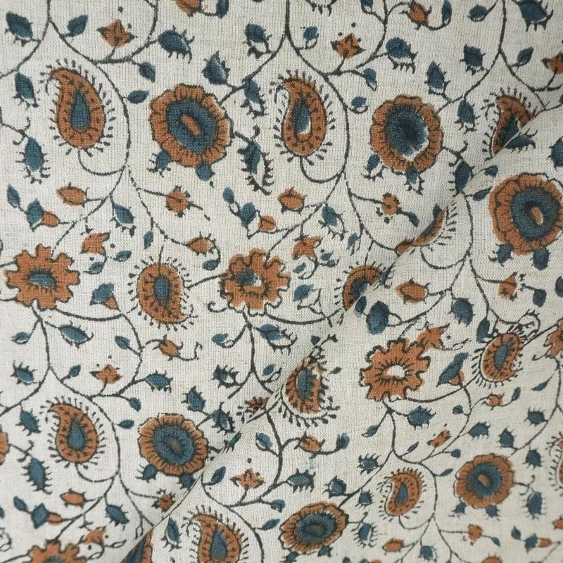 Hand Block Print  Brown Floral Cotton Linen Fabric - Rakhi Bel