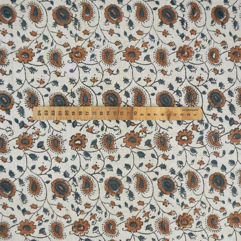 Hand Block Print  Brown Floral Cotton Linen Fabric - Rakhi Bel