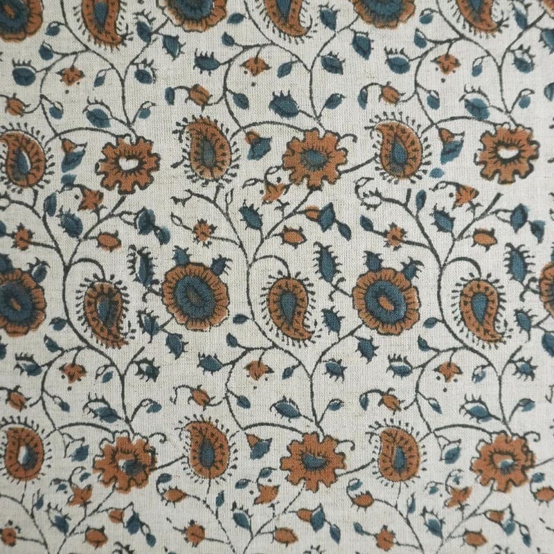 Hand Block Print  Brown Floral Cotton Linen Fabric - Rakhi Bel