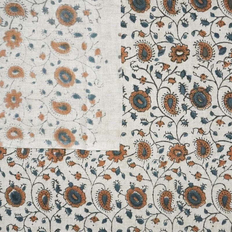 Hand Block Print  Brown Floral Cotton Linen Fabric - Rakhi Bel