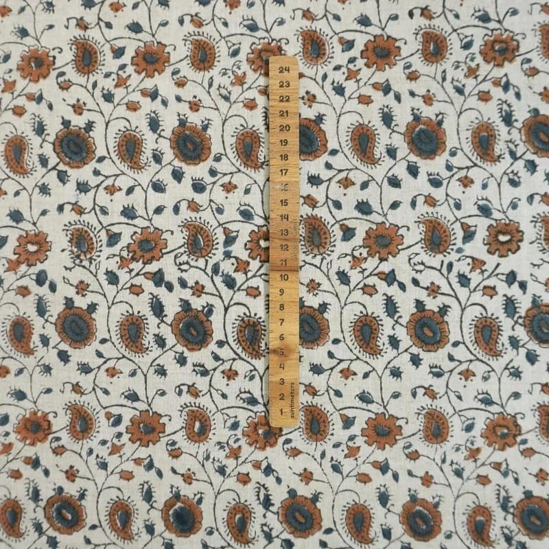 Hand Block Print  Brown Floral Cotton Linen Fabric - Rakhi Bel