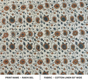 Hand Block Print  Brown Floral Cotton Linen Fabric - Rakhi Bel