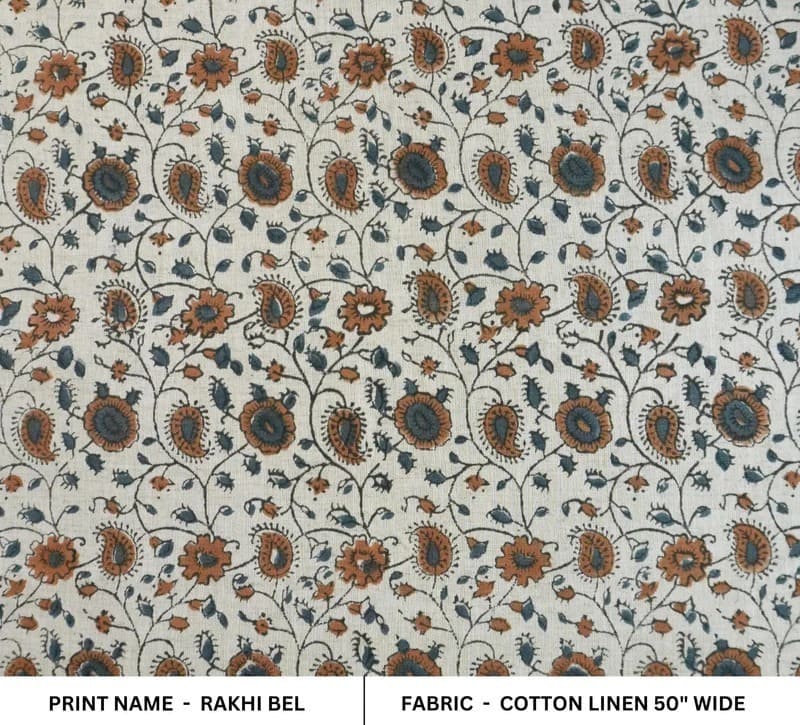 Hand Block Print  Brown Floral Cotton Linen Fabric - Rakhi Bel