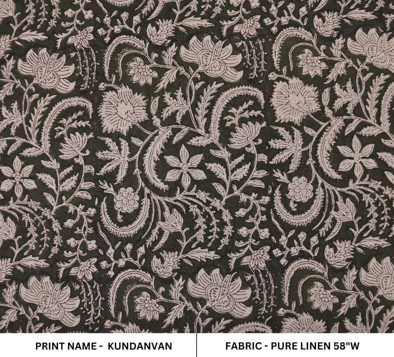 Handcrafted Block Print Brown Floral Pure Linen Fabric - Kundanvan