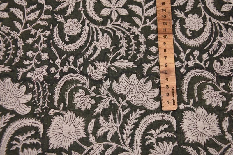 Handcrafted Block Print Brown Floral Pure Linen Fabric - Kundanvan