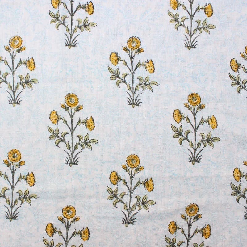 Handcrafted Block Print Grey Floral Thick cotton Fabric - Kishori Flower