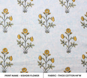 Handcrafted Block Print Grey Floral Thick cotton Fabric - Kishori Flower