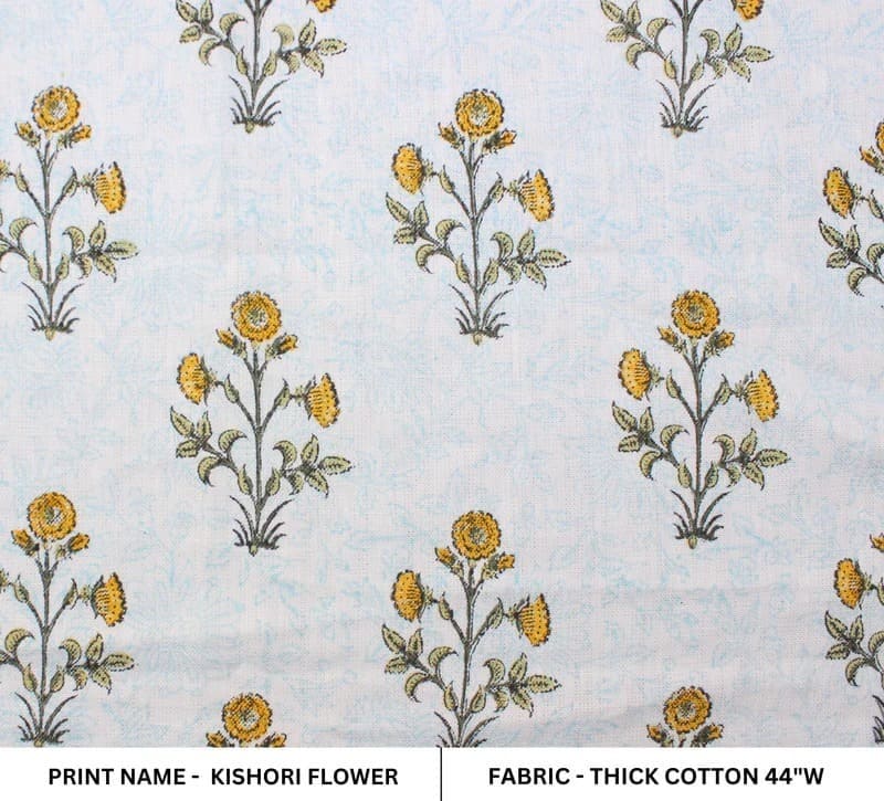 Handcrafted Block Print Grey Floral Thick cotton Fabric - Kishori Flower