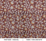 Handmade Block Printed Brown Floral Pure Linen Fabric - Himachal