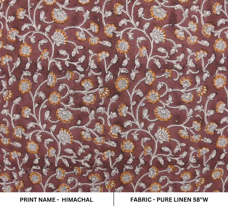 Handmade Block Printed Brown Floral Pure Linen Fabric - Himachal