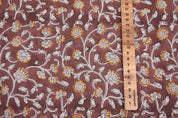 Handmade Block Printed Brown Floral Pure Linen Fabric - Himachal