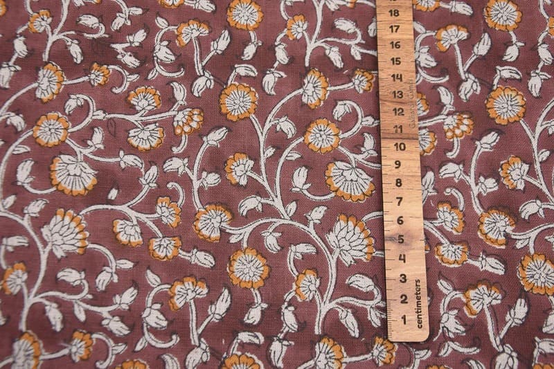 Handmade Block Printed Brown Floral Pure Linen Fabric - Himachal