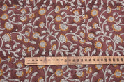Handmade Block Printed Brown Floral Pure Linen Fabric - Himachal